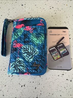 lug Tandem Zip SE RFID Wallet Passport Blue Tropical and Flamingo Print NWT
